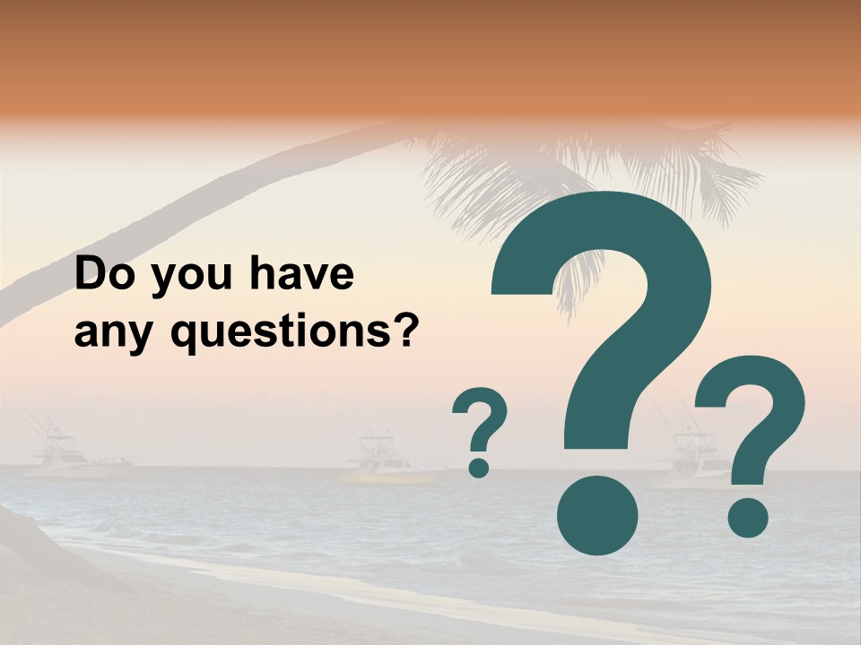 Palm Tree And Fishing Boats At Tropical Beach At Sunset. Focus On Palm Tree. PowerPoint Template