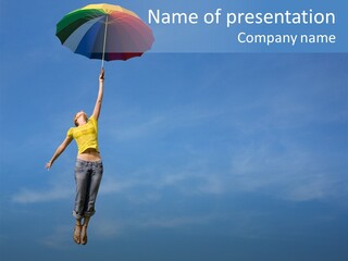 Flying Girl With Colorful Umbrella In The Blue Blue Sky PowerPoint Template