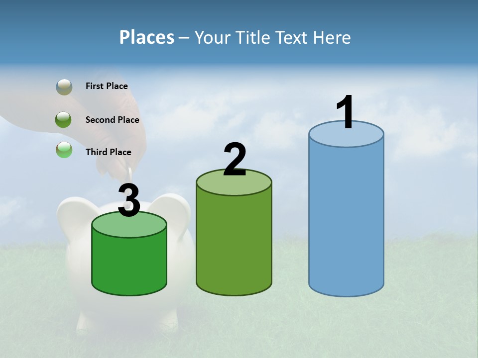 Coin Bank Sitting On Grass With Hand Putting In A Coin PowerPoint Template