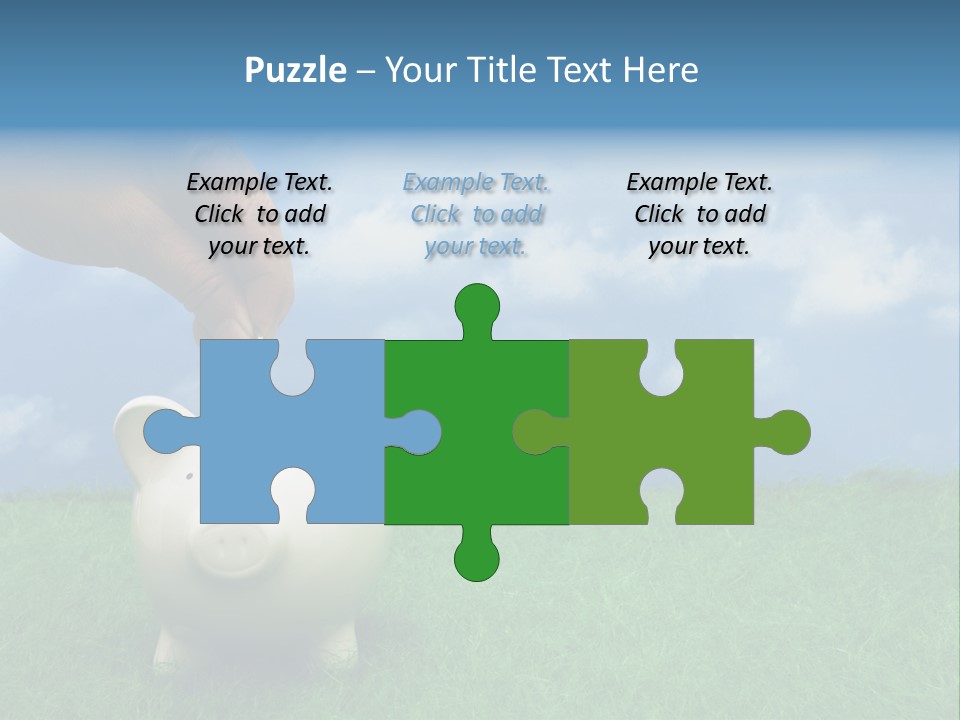 Coin Bank Sitting On Grass With Hand Putting In A Coin PowerPoint Template