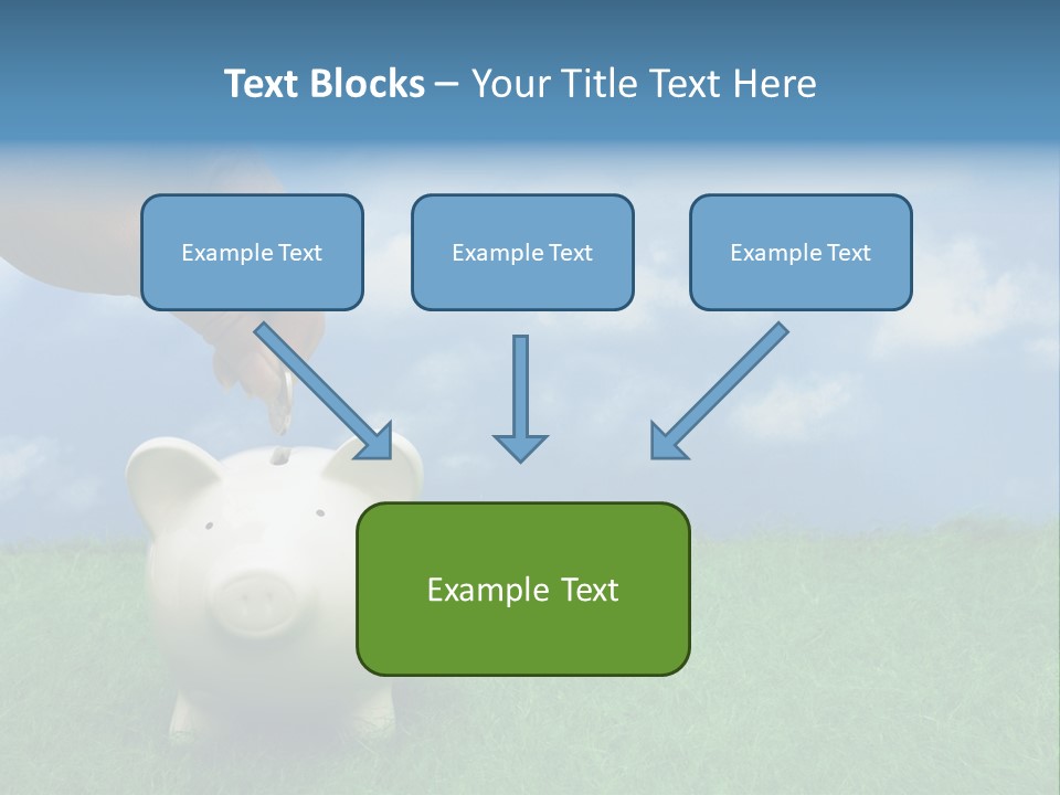 Coin Bank Sitting On Grass With Hand Putting In A Coin PowerPoint Template