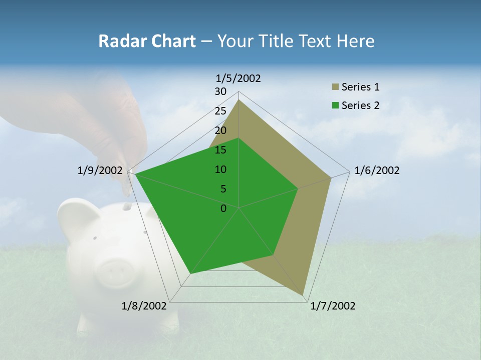 Coin Bank Sitting On Grass With Hand Putting In A Coin PowerPoint Template