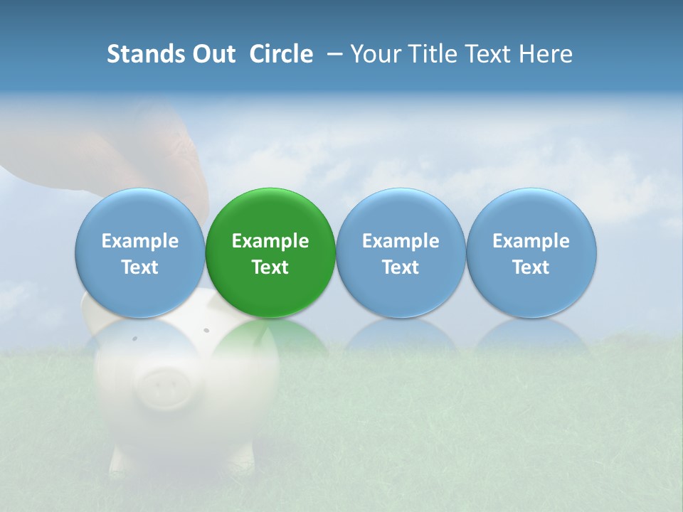 Coin Bank Sitting On Grass With Hand Putting In A Coin PowerPoint Template