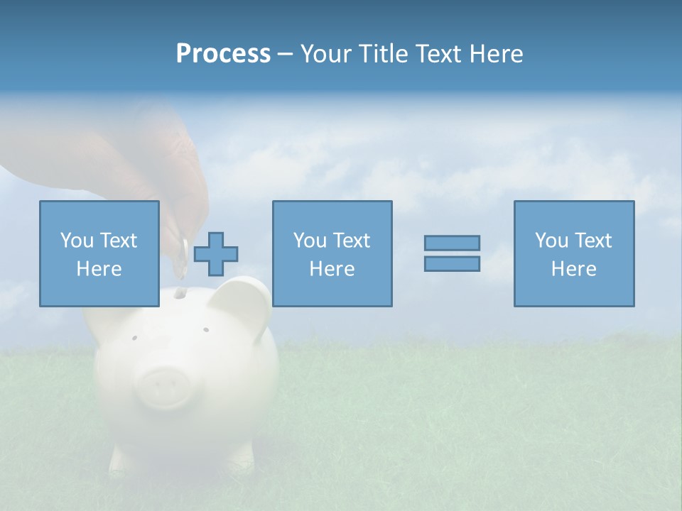 Coin Bank Sitting On Grass With Hand Putting In A Coin PowerPoint Template