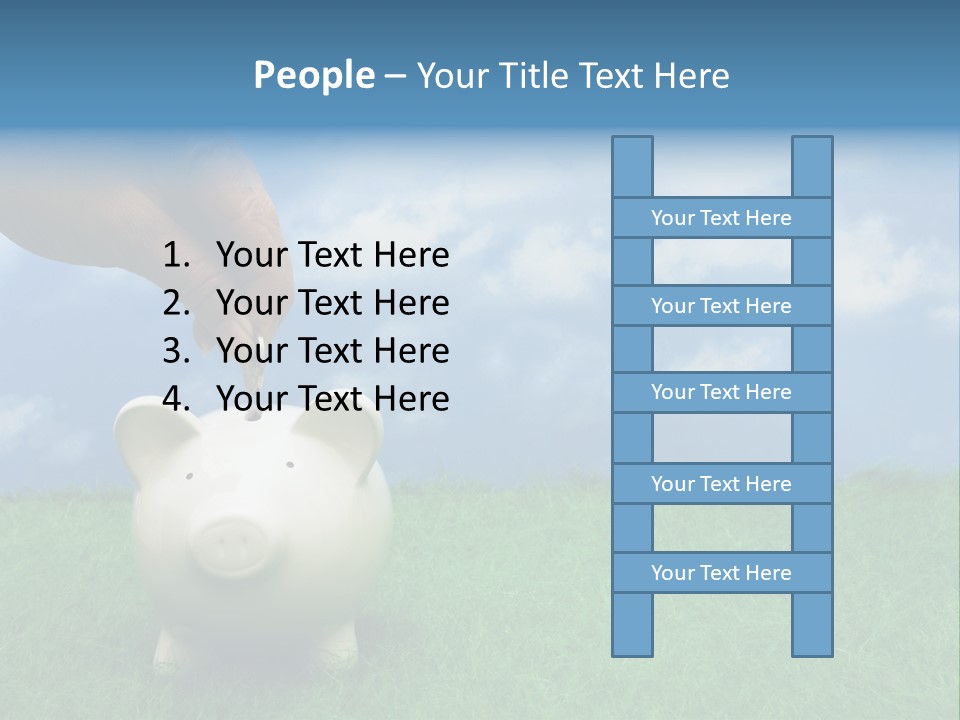 Coin Bank Sitting On Grass With Hand Putting In A Coin PowerPoint Template