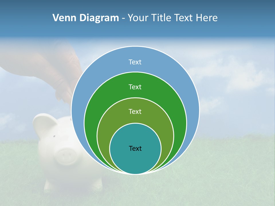 Coin Bank Sitting On Grass With Hand Putting In A Coin PowerPoint Template