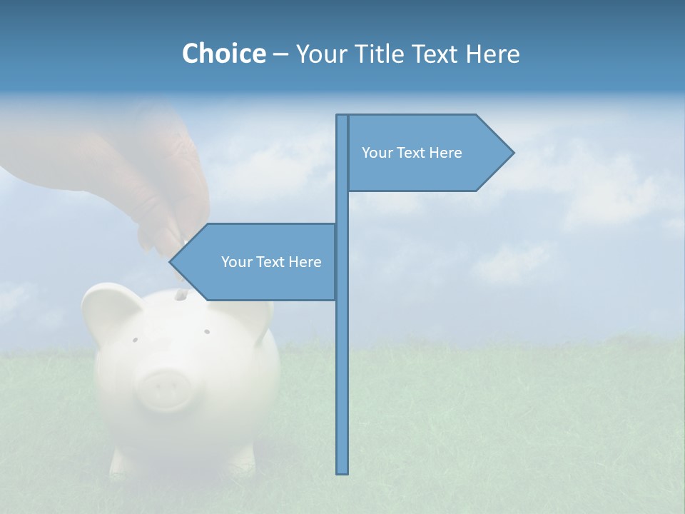 Coin Bank Sitting On Grass With Hand Putting In A Coin PowerPoint Template