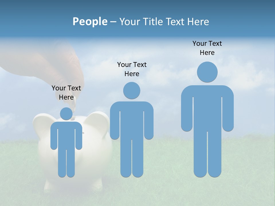 Coin Bank Sitting On Grass With Hand Putting In A Coin PowerPoint Template