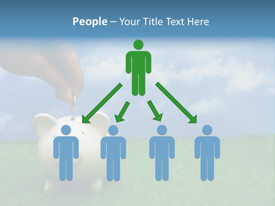 Coin Bank Sitting On Grass With Hand Putting In A Coin PowerPoint Template