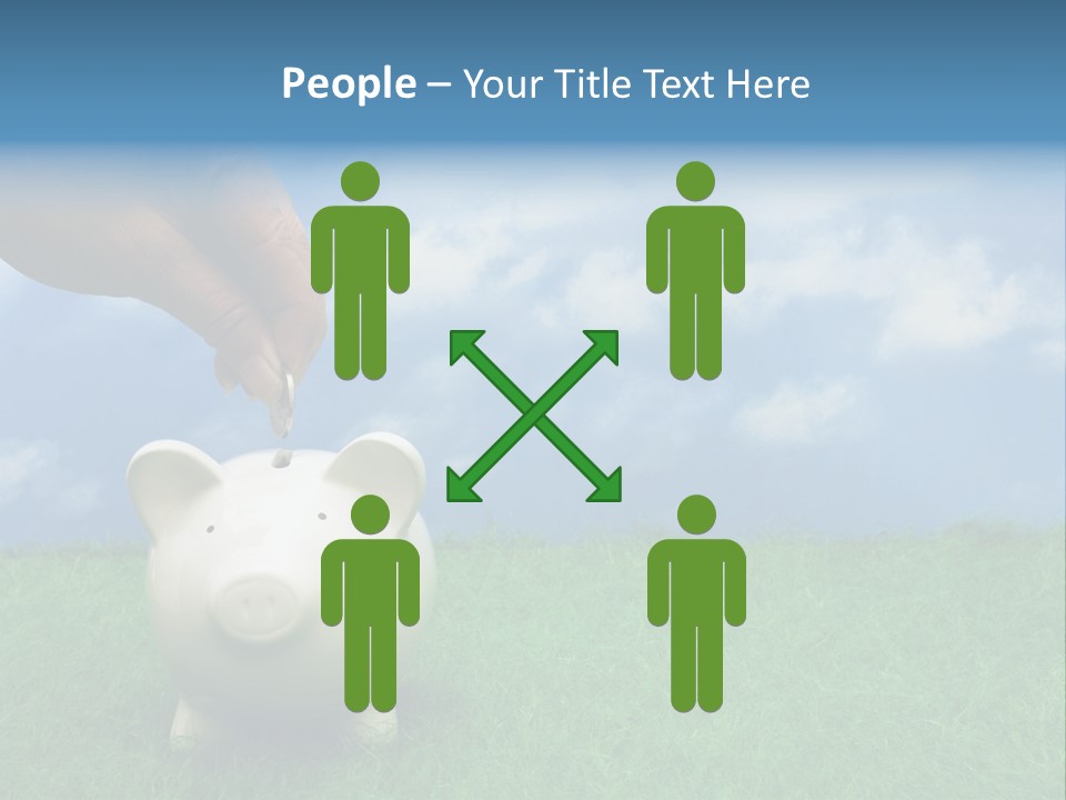 Coin Bank Sitting On Grass With Hand Putting In A Coin PowerPoint Template