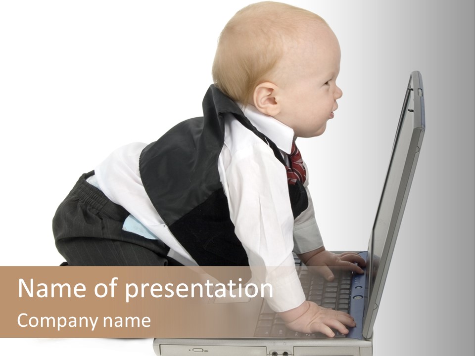 Adorable 10 Month Old Baby Boy In Suit, Barefoot, With Laptop Computer. Making Cute Grumpy Face At Computer Screen. Shot In Studio Over White. PowerPoint Template