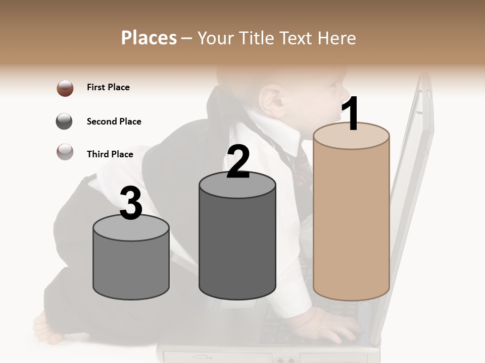 Adorable 10 Month Old Baby Boy In Suit, Barefoot, With Laptop Computer. Making Cute Grumpy Face At Computer Screen. Shot In Studio Over White. PowerPoint Template
