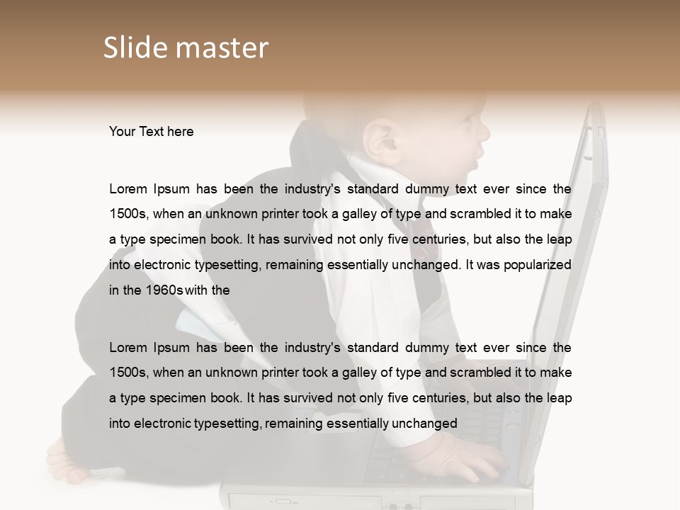 Adorable 10 Month Old Baby Boy In Suit, Barefoot, With Laptop Computer. Making Cute Grumpy Face At Computer Screen. Shot In Studio Over White. PowerPoint Template