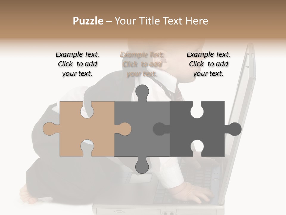 Adorable 10 Month Old Baby Boy In Suit, Barefoot, With Laptop Computer. Making Cute Grumpy Face At Computer Screen. Shot In Studio Over White. PowerPoint Template