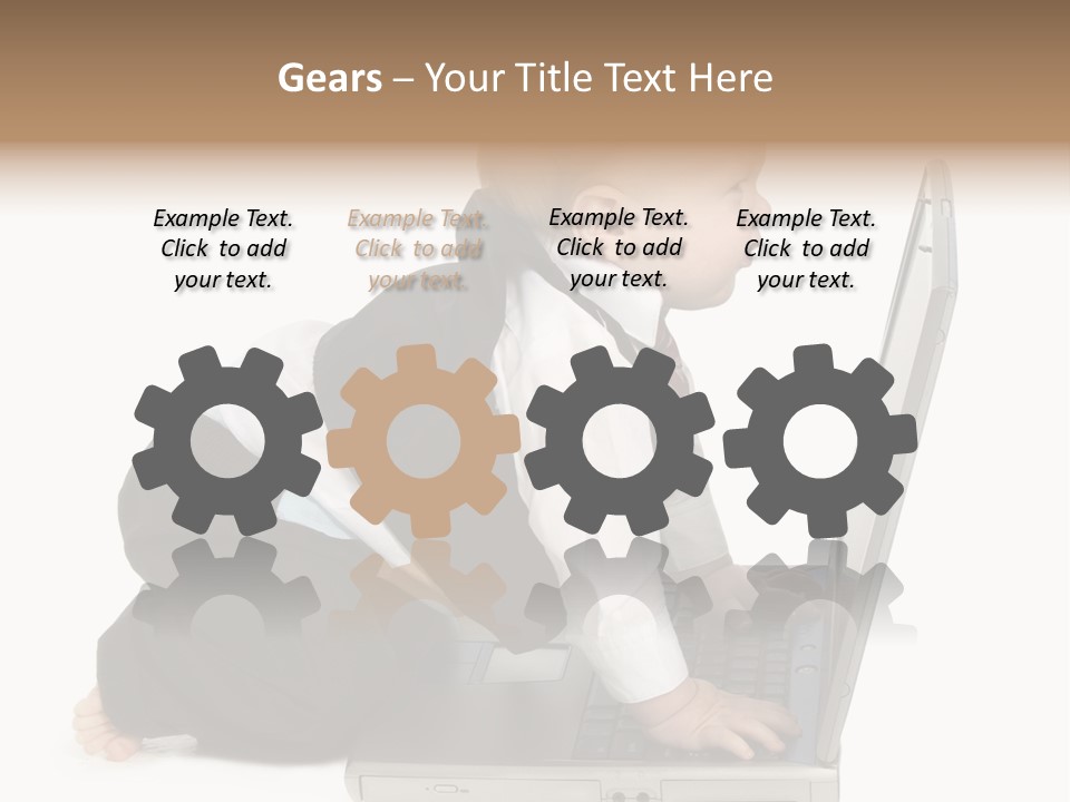 Adorable 10 Month Old Baby Boy In Suit, Barefoot, With Laptop Computer. Making Cute Grumpy Face At Computer Screen. Shot In Studio Over White. PowerPoint Template