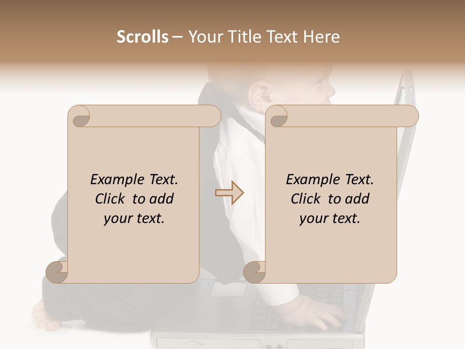 Adorable 10 Month Old Baby Boy In Suit, Barefoot, With Laptop Computer. Making Cute Grumpy Face At Computer Screen. Shot In Studio Over White. PowerPoint Template