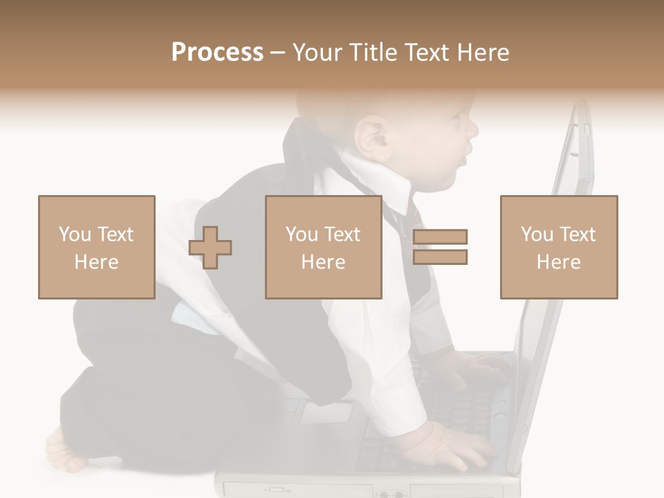 Adorable 10 Month Old Baby Boy In Suit, Barefoot, With Laptop Computer. Making Cute Grumpy Face At Computer Screen. Shot In Studio Over White. PowerPoint Template