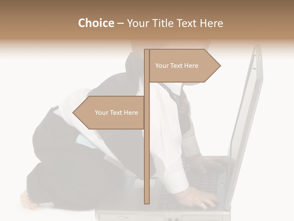 Adorable 10 Month Old Baby Boy In Suit, Barefoot, With Laptop Computer. Making Cute Grumpy Face At Computer Screen. Shot In Studio Over White. PowerPoint Template