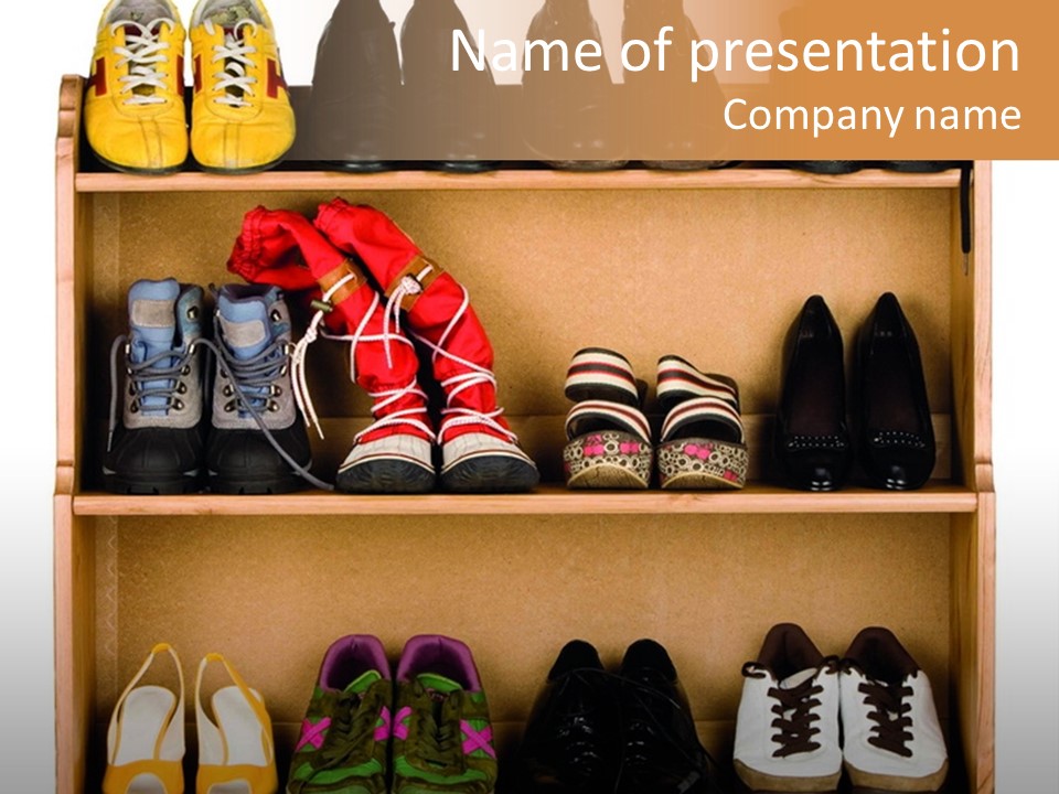 Shoes, Gym Shoes, Boots And Other Footwear Stand On A Rack PowerPoint Template