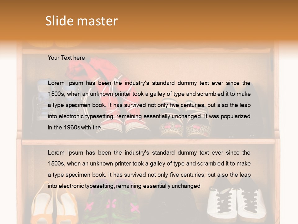 Shoes, Gym Shoes, Boots And Other Footwear Stand On A Rack PowerPoint Template