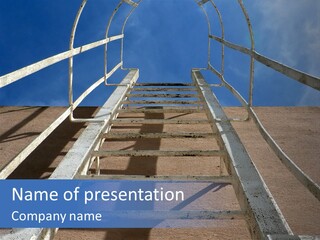 Metal Ladder Mounted On The Wall Of A Building Against White Clouds And A Blue Sky. PowerPoint Template