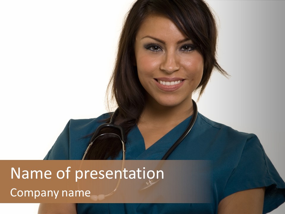 Attractive Young Brunette Hispanic Woman Health Care Worker With A Smiling Friendly Expression On White PowerPoint Template