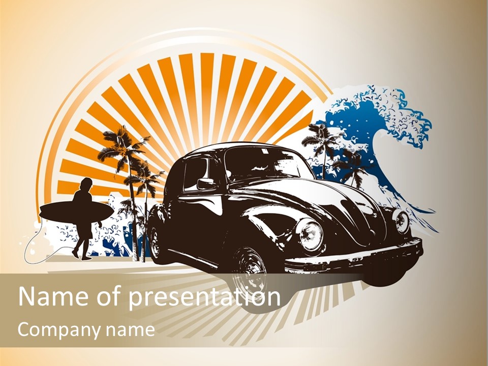 A Car With A Surfboard On The Back Of It PowerPoint Template