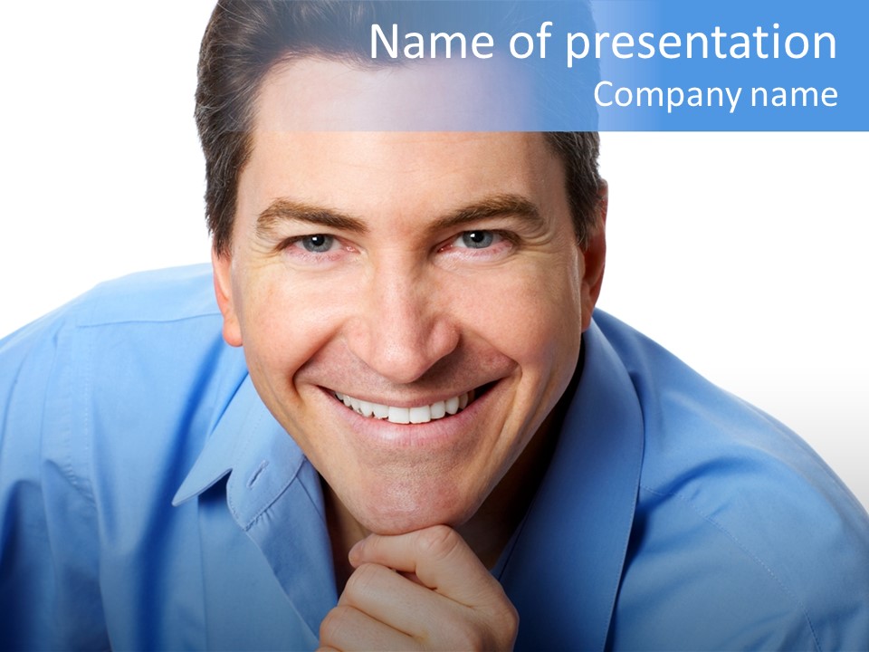 A Man Smiling With His Chin Resting On His Hand PowerPoint Template