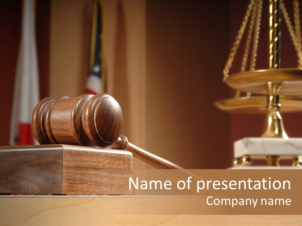 Legal Concept Still Life In A Courtroom With American And Californian Flags In The Background PowerPoint Template