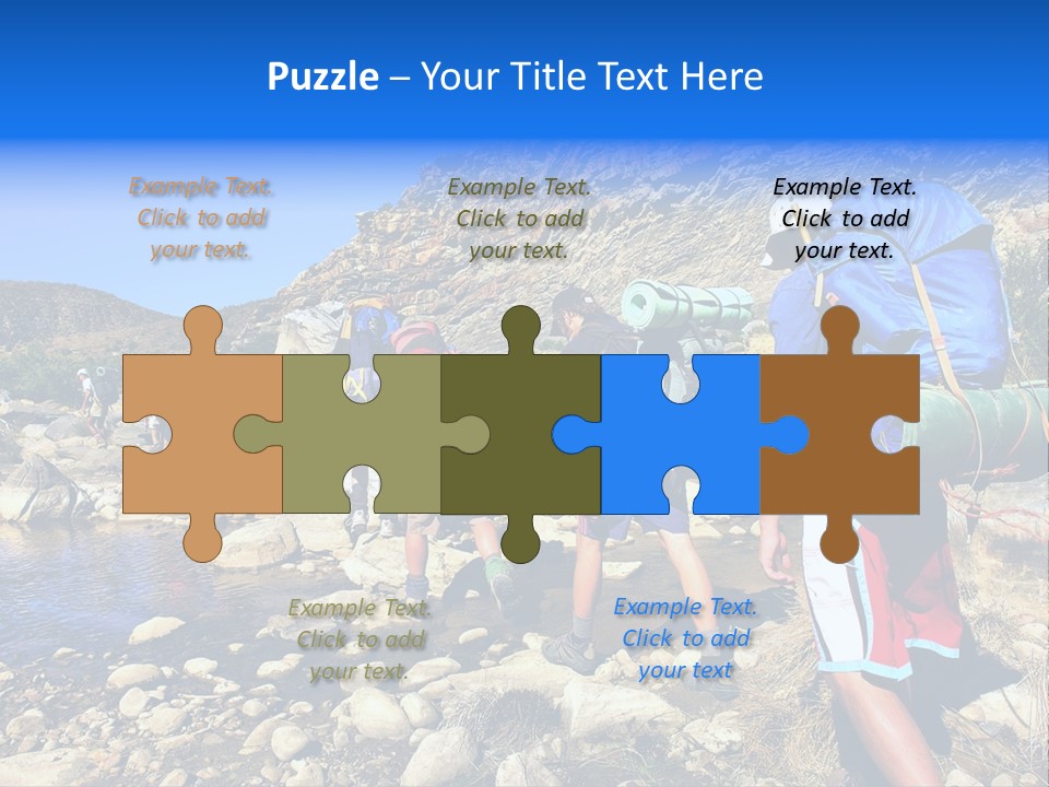 Group Of Hikers Crosses Small River In Mountains. Shot In The Langeberge Highlands Near Grootrivier And Gouritsrivier Rivers Crossing, Garden Route, Western Cape, South Africa. PowerPoint Template