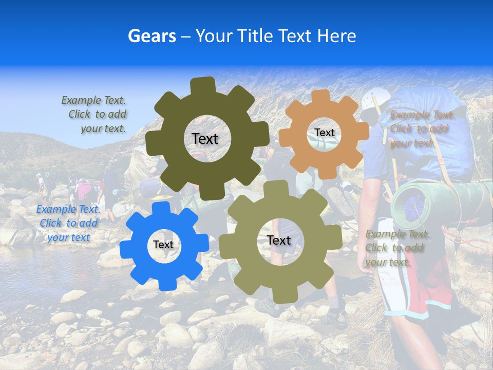 Group Of Hikers Crosses Small River In Mountains. Shot In The Langeberge Highlands Near Grootrivier And Gouritsrivier Rivers Crossing, Garden Route, Western Cape, South Africa. PowerPoint Template