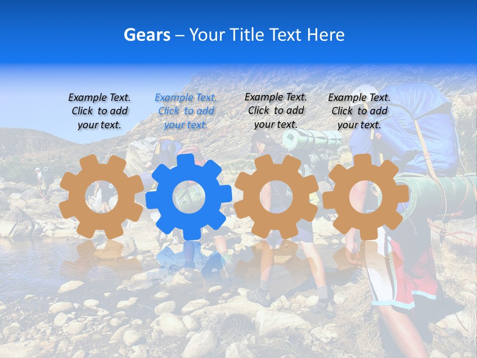 Group Of Hikers Crosses Small River In Mountains. Shot In The Langeberge Highlands Near Grootrivier And Gouritsrivier Rivers Crossing, Garden Route, Western Cape, South Africa. PowerPoint Template