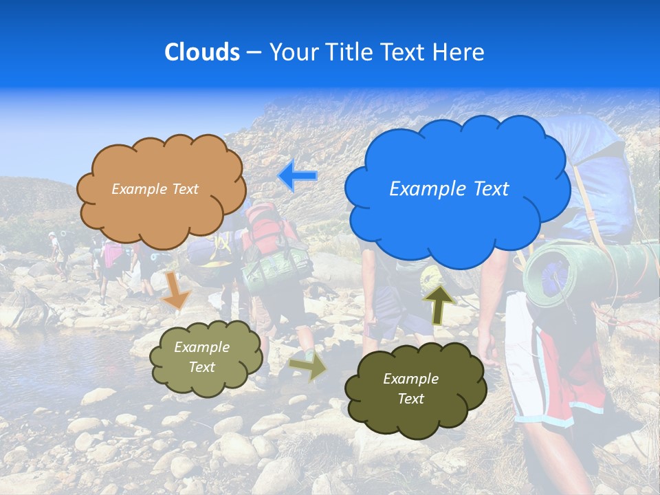 Group Of Hikers Crosses Small River In Mountains. Shot In The Langeberge Highlands Near Grootrivier And Gouritsrivier Rivers Crossing, Garden Route, Western Cape, South Africa. PowerPoint Template