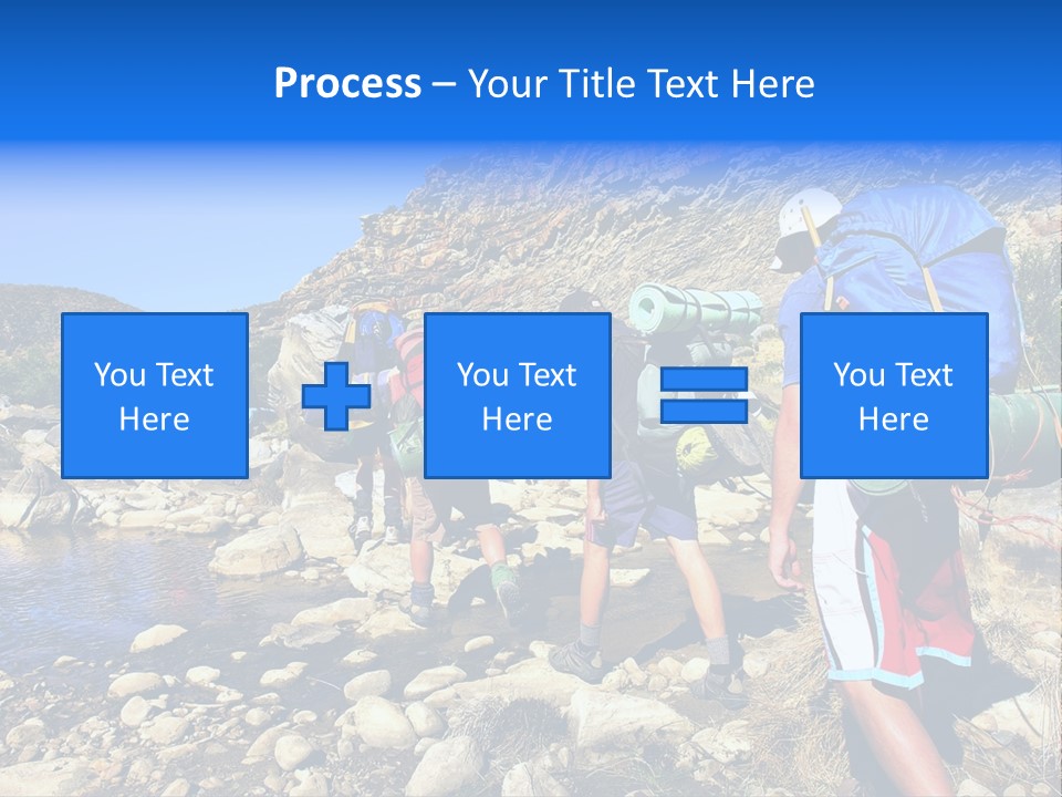 Group Of Hikers Crosses Small River In Mountains. Shot In The Langeberge Highlands Near Grootrivier And Gouritsrivier Rivers Crossing, Garden Route, Western Cape, South Africa. PowerPoint Template