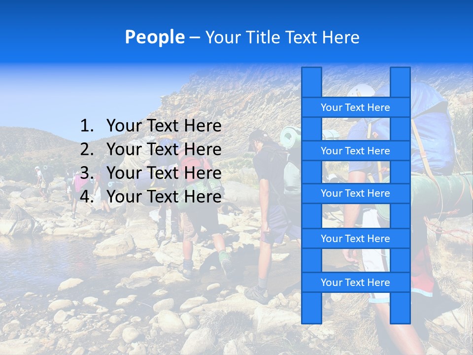 Group Of Hikers Crosses Small River In Mountains. Shot In The Langeberge Highlands Near Grootrivier And Gouritsrivier Rivers Crossing, Garden Route, Western Cape, South Africa. PowerPoint Template