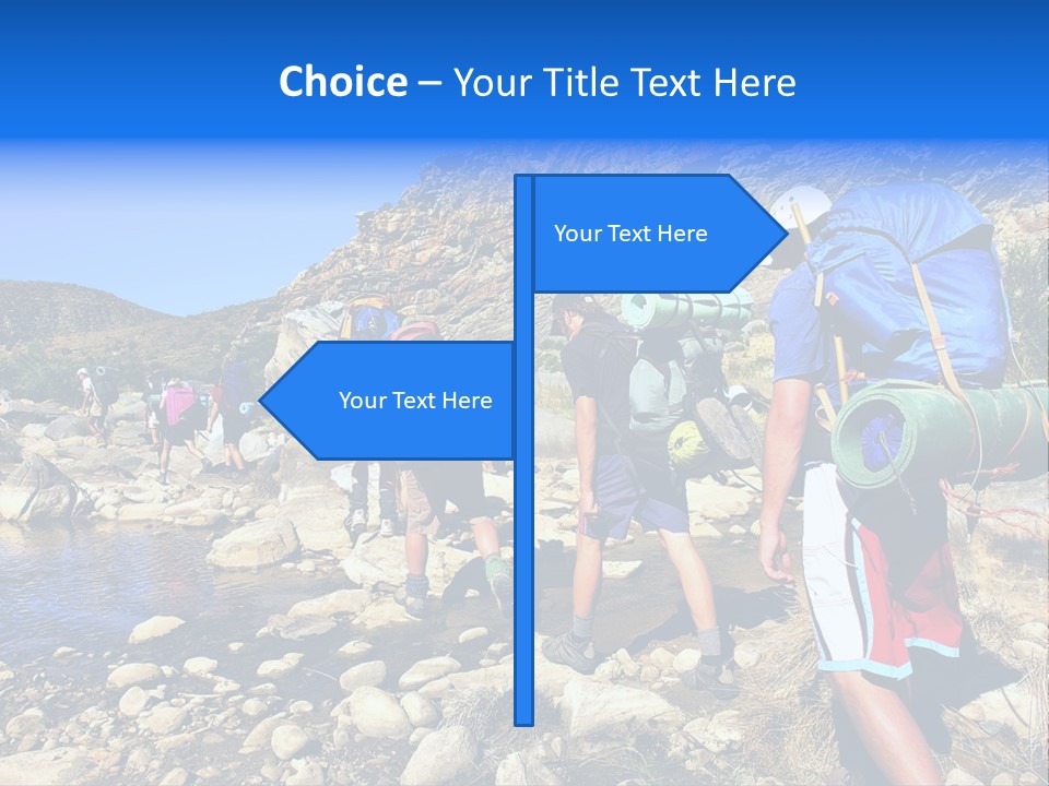 Group Of Hikers Crosses Small River In Mountains. Shot In The Langeberge Highlands Near Grootrivier And Gouritsrivier Rivers Crossing, Garden Route, Western Cape, South Africa. PowerPoint Template
