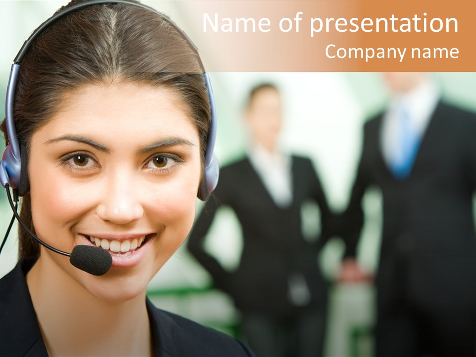 Portrait Of Friendly Consultant With Headset On The Background Of People PowerPoint Template