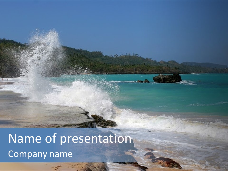 Picture Of A Caribbean Beach With A Turquoise Sea Where A Wave Is Hitting A Rock. Taken In Playa Rincon, Samana, Dominican Republic. PowerPoint Template