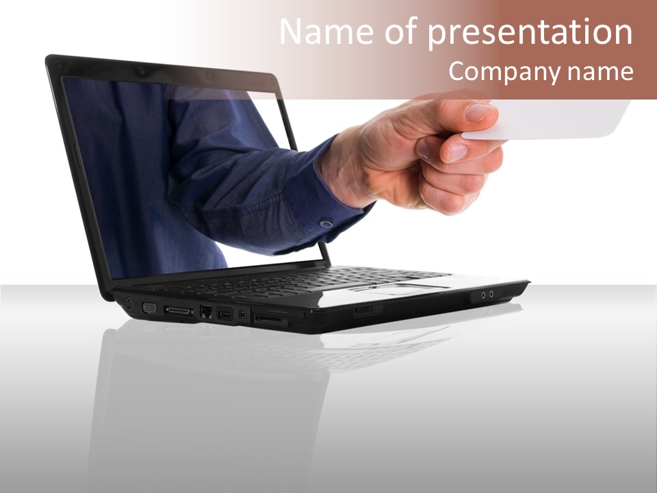 A Black Laptop Computer With A Hand And Card PowerPoint Template