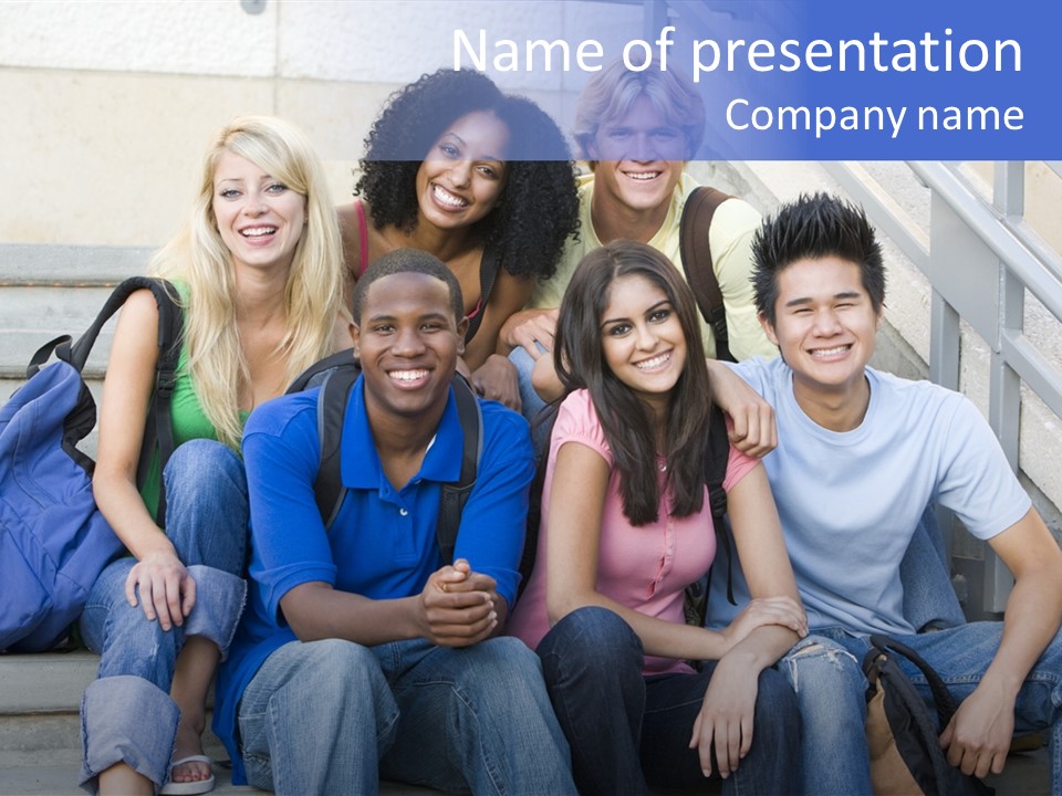 Group Of Six Students Outside Sitting On Steps PowerPoint Template