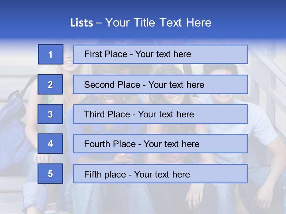 Group Of Six Students Outside Sitting On Steps PowerPoint Template