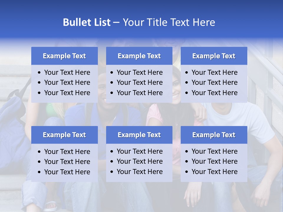 Group Of Six Students Outside Sitting On Steps PowerPoint Template