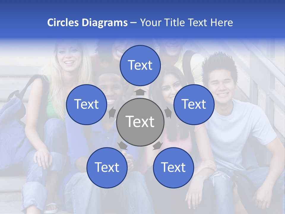 Group Of Six Students Outside Sitting On Steps PowerPoint Template
