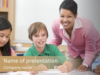 Teacher And Pupil In Elementary School Classroom Working On Written Project PowerPoint Template