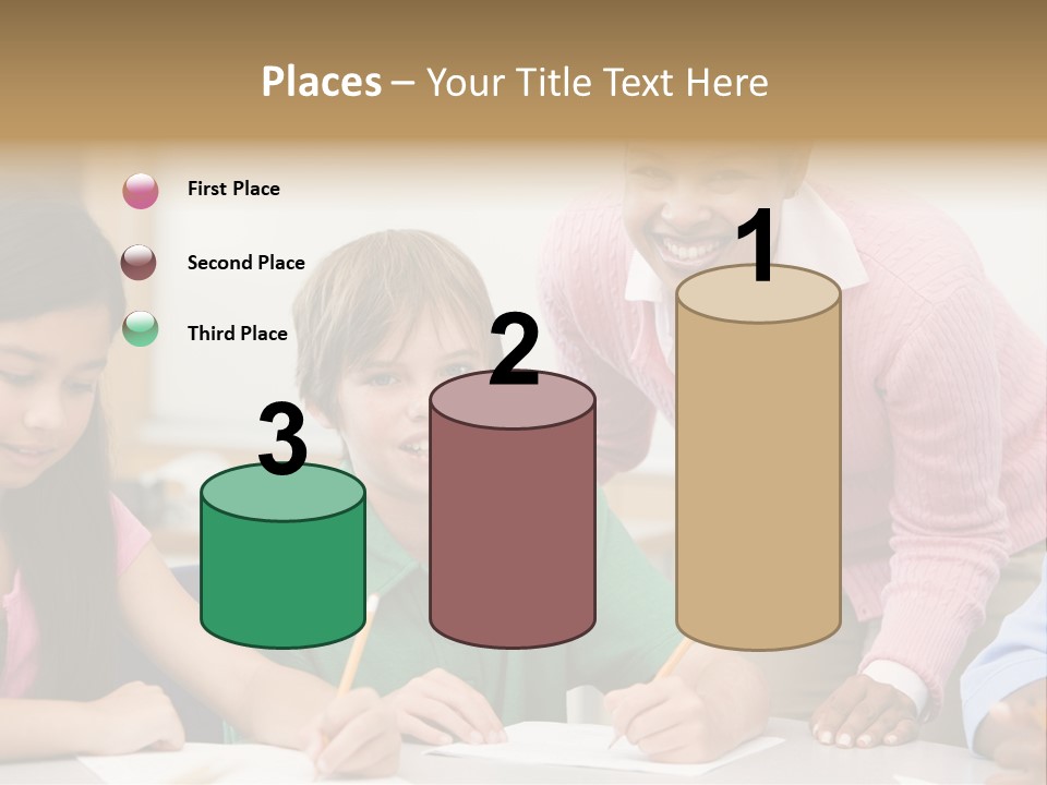 Teacher And Pupil In Elementary School Classroom Working On Written Project PowerPoint Template