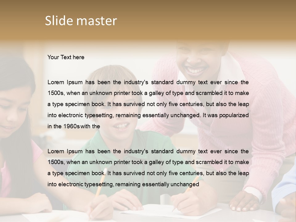 Teacher And Pupil In Elementary School Classroom Working On Written Project PowerPoint Template