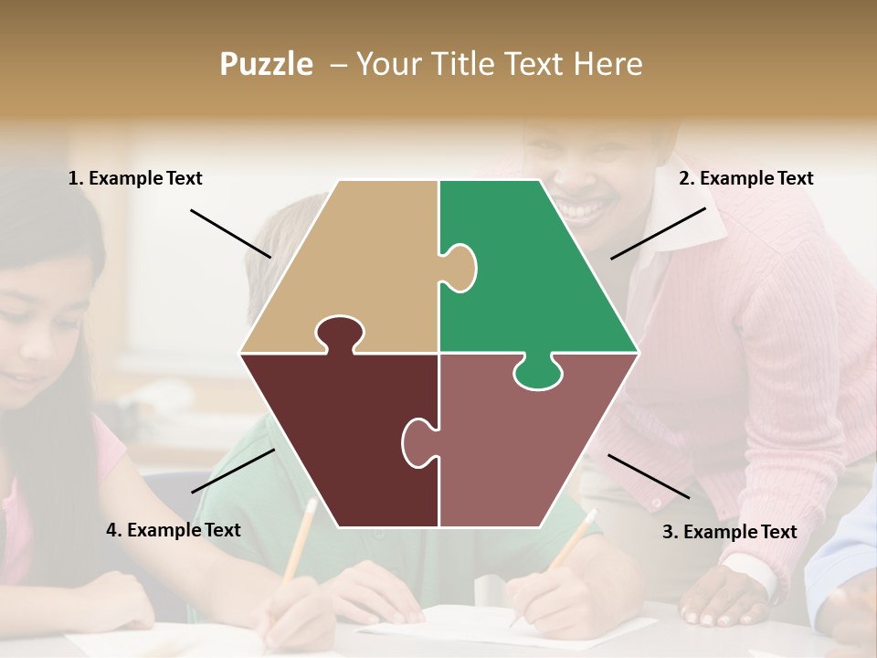 Teacher And Pupil In Elementary School Classroom Working On Written Project PowerPoint Template