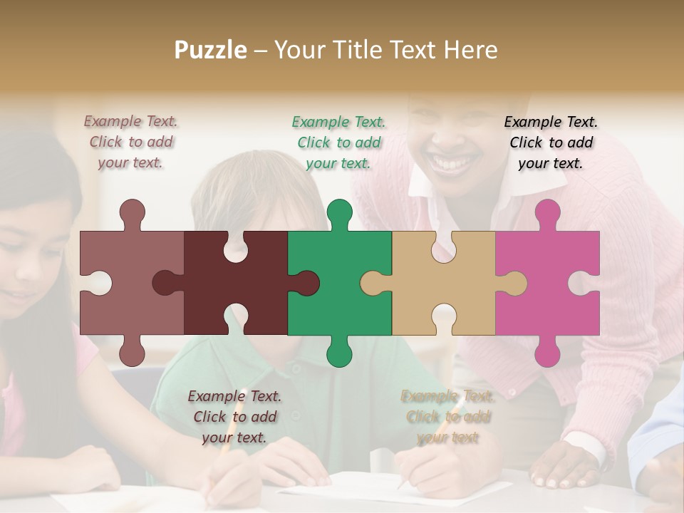 Teacher And Pupil In Elementary School Classroom Working On Written Project PowerPoint Template