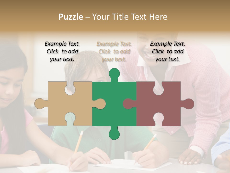 Teacher And Pupil In Elementary School Classroom Working On Written Project PowerPoint Template