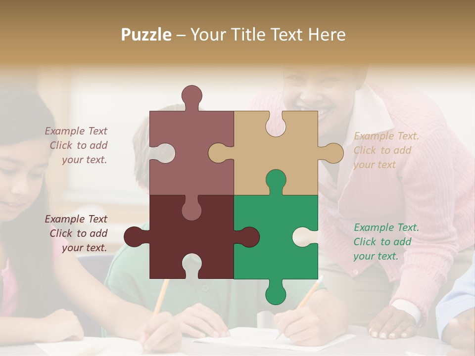 Teacher And Pupil In Elementary School Classroom Working On Written Project PowerPoint Template